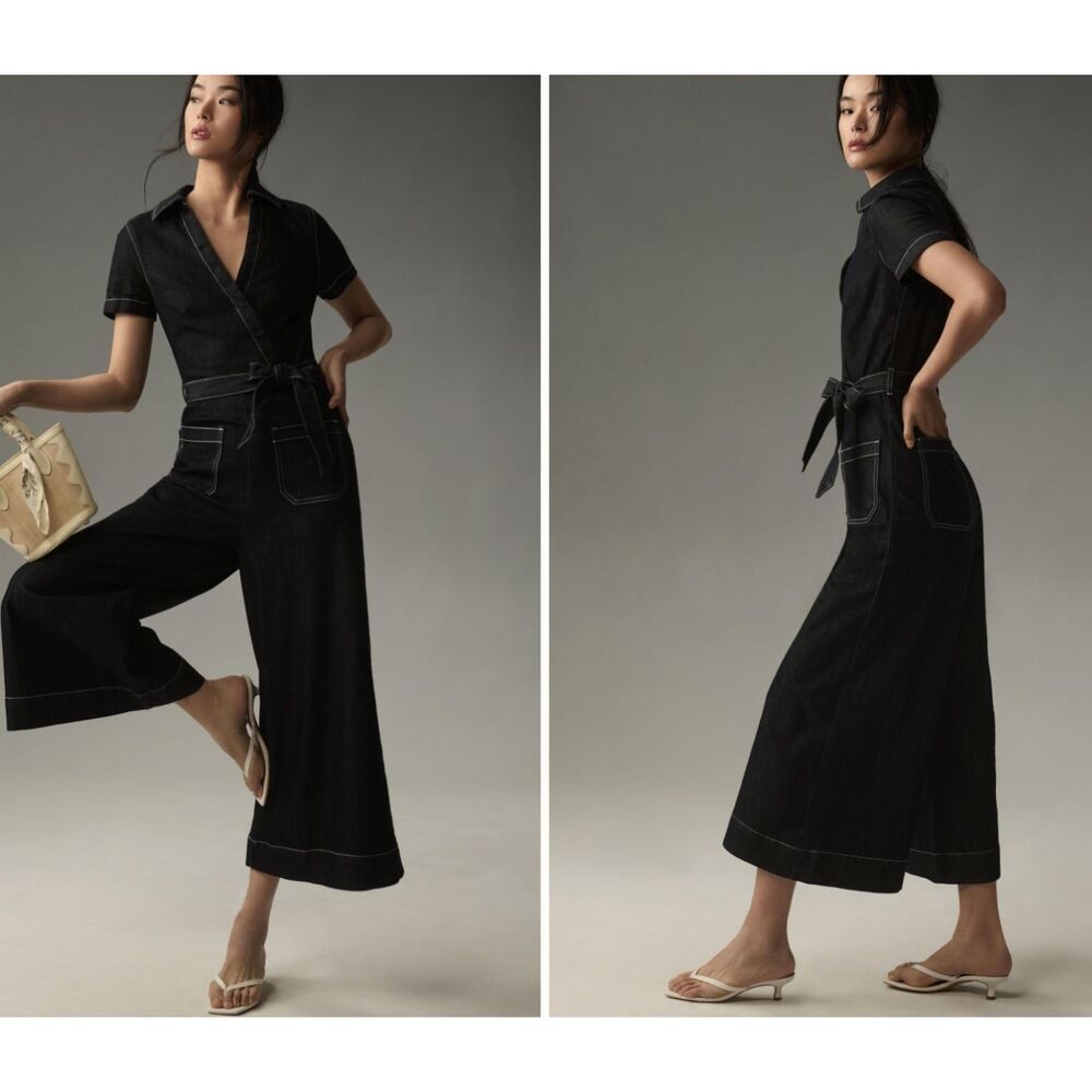 Anthropologie Black Jumpsuit with Wrap Style and Tie Waist